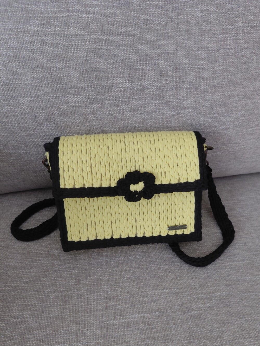 Woven Flower-Accent Crossbody Bag in Pale Yellow and Black